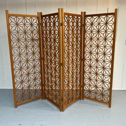 #168F Vintage Mid Century Modern Kumiko Teak Wood Geometric Screen Room Divider 4 Panels Folding Wooden