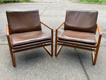 16 Pair Of Ward Bennett Mid-Century Modern Oak Brown Leather Armchairs