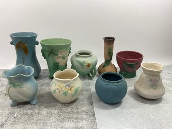 059 Lot Of Nine Weller Pottery Floral Pastel Vases