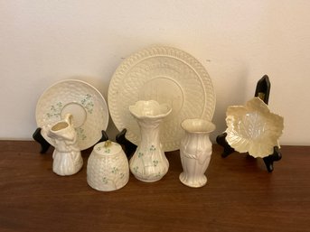 34 Vintage Grouping Of Seven China, Irish Belleek, Christmas Plates/Vase, Leaf Plate Saucer, 2 Vases, Creamer