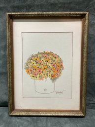 081 Barbara Sargent  Orange And Yellow Floral Bouquet Arrangement Drawing Signed