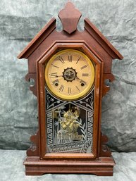 126 Antique Wood Wind Up Mantle Clock Ansonia Clock #4