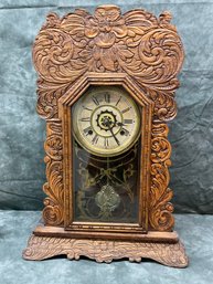127 Antique Wood Wind Up Mantle Clock Waterbury Clock Co. #5