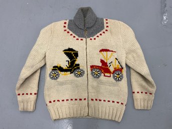 129 Vintage Cowichan Wool Knit Antique Car Pattern Zip Up Sweater