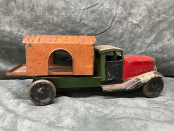 139 Vintage Pressed Steel Red Green And Orange Dump Truck Toy
