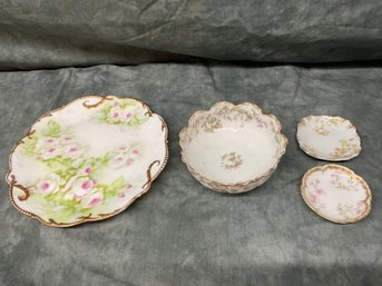 143 Lot Of Four Limoge Porcelain Floral China, Three Plates, One Bowl