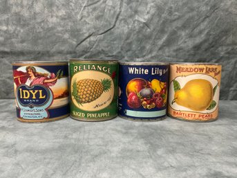 149 Lot Of Four 1920s Fruit Cans, Idyl, Reliance, White Lily, Meadowlark