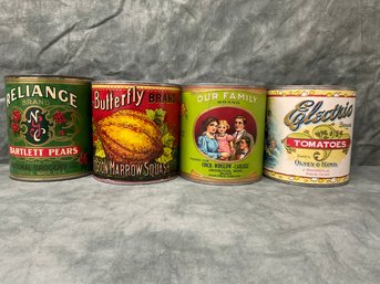 150 Lot Of Four 1920s Fruit Cans, Reliance Butterfly Brand, Our Family, Electric