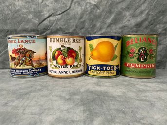 152 Lot Of Four 1920s Fruit Cans, Reliance, Tick-Tock, Bumble Bee, Free Lance