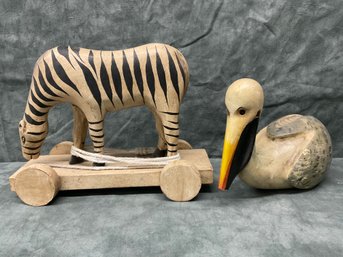 153 Lot Of Two Wood Animals, Zebra Pulling Learning Toy And Pellicon Decoy Decor