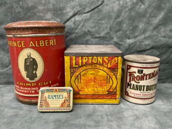 154 Lot Of Four 1920s Tin Goods, Lipton Tea, Ramses Condom Tin, Prince Albert Tobacco, Frontenac Peanut Butter