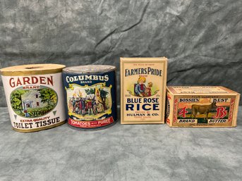 155 Lot Of Four 1920s Home Goods, Garden Toilet Paper, Columbus Tomatoes, Blue Rose Rice, Bossies Butter