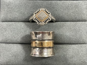 038 Lot Of 2 Vintage Sterling Silver Rings, Melee Diamond Cluster Ring TESTED, Sterling/Gold Tone Band Ring