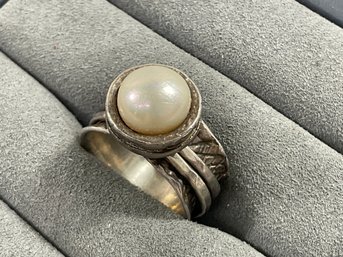 041 Vintage Sterling Silver Pearl Double Layered Spinning Fidget Ring Size 7