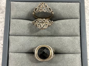 042 Lot Of 2 Vintage Sterling Silver Rings, Carolyn Pollack Relios Filigree Ring, Black Onyx Ring