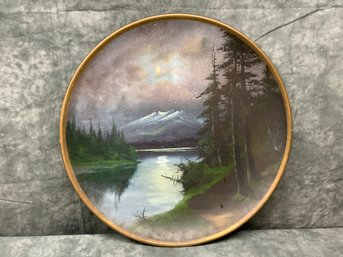 159 Round Dome Cylinder Hand Painted Mountain Lake Landscape Wall Hanging Painting