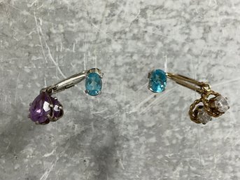 045 Lot Of 3 Vintage Sterling Silver Gemstone Earrings, Amethyst, Aquamarine, Rhinestone