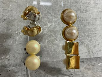 048 Lot Of 4 Vintage Gold Tone Pearl Clip On Earring, RB 835 Silver, Anne Klein