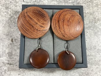 049 Lot Of 2 Vintage Wood Circle Earrings, Stud/Dangle