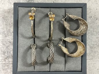 050 Lot Of 3 Vintage Sterling Silver Hoop Earrings