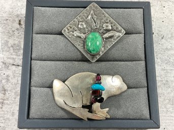 051 Lot Of 2 Vintage Sterling Silver Turquoise Brooches, Frog Shape W/ Agate Beads, Diamond Shape