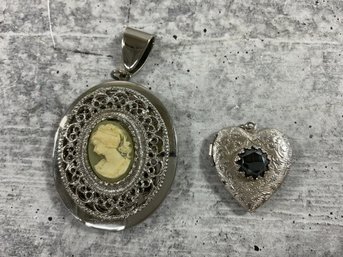 056 Lot Of 2 Vintage Silver Tone Lockets, Oval Cameo Locket, Hematite Heart Locket