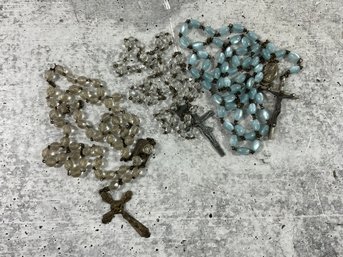 055 Lot Of 3 Vintage Rosaries, Clear/Blue Beads, AS IS