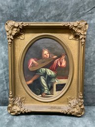 176 1940s Girl Playing Lute Oil Painting On Canvas In Gold Gilt Ornate Frame