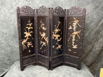 177 Japanese Black Lacquered Hand Carved Inlaid Four-Panel Screen
