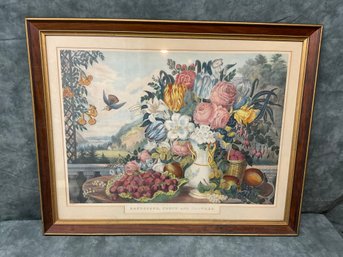 189 Currier And Ives Landscape Fruit And Flowers Framed Lithograph