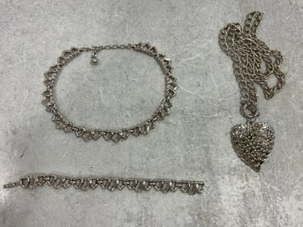 060 Lot Of 3 Silver Tone Heart Shaped Jewelry, Necklace, Choker, Bracelet