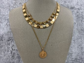 061 Lot Of 3 Vintage Gold Tone Necklaces, Avon Multi-colored Rhinestone, Monet Choker, 14k GF Jesus Necklace