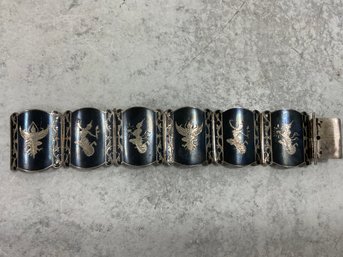 062 Vintage Siam Sterling Silver Niello Enamel Panel Link Bracelet