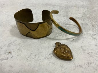 063 Lot Of 3 Vintage Brass Jewelry, Heart 'Love Forever' Rose Locket, Turquoise Bangle, Cuff Bangle