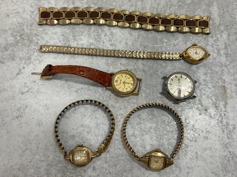 064 Lot Of 6 Vintage Watches/Watch Bands, Bulova, Lucerne, Filio, Waltham, Benrus, 12k GF Leather Band