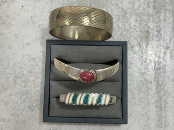 065 Lot Of 3 Vintage Sterling Silver And Steel Bracelets, Spiderweb Turquoise, And Magenta Agate