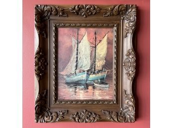 Vintage 70s Sail Boat Framed Poster Painting