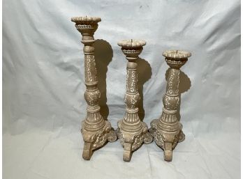 (K20) Set Of 3 Floor Standing Plaster Decorative Candlesticks 32' Tall, 27' Tall And 25' Tall