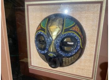 (B47) African Art Piece Beaded Mask In Picture Box Frame