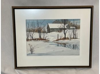 (MC68) Unsigned Watercolor With Barn River Landscape