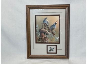 (MC78)1987 Keith Warrick Signed Stamp Print Quail With Water Pump