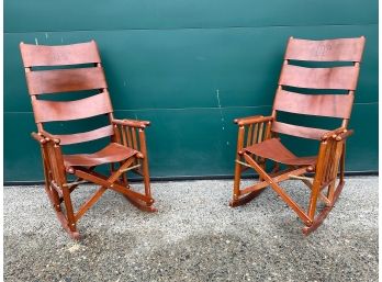 (K112) Pair Of Leather Wooden Folding Rocking Chairs