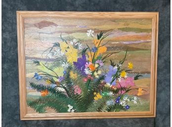 (S129) M. Schureman Mixed Media Collage Floral Motif W/ Fern