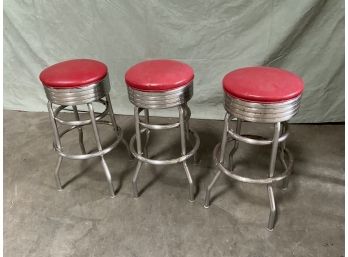 Lot Of (3) Vintage 60s Chrome Red Vinyl Bar Stools (#0018)