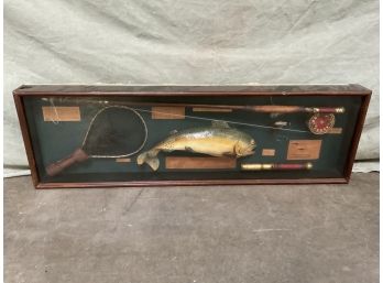 Vintage Shadowbox Fishing Themed Fishing Reel, Net, Fish Handmade (#0086)