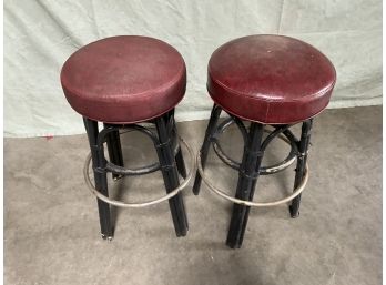 Pair (2) Burgundy Vinyl W/ Bamboo Legs Bar Stools (#0019)