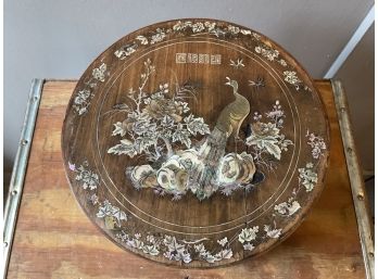 Chinese Round Wooden Box With Abalone Inlaid Peacock ( #037)