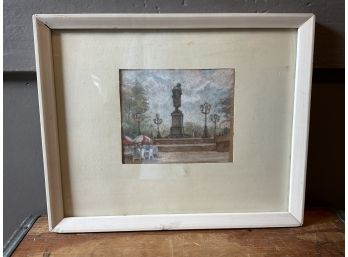 Unsigned Street Park Scene W/ Statue Framed Pastel ( #060)