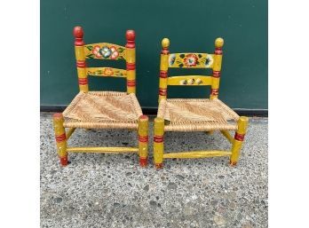 Pair Hand Painted Wicker Childs/ Dolls Made In Mexico Chairs -No Shipping