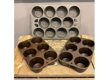 Lot Of 3 Vintage Cast Iron Muffin Pans (Shipping)